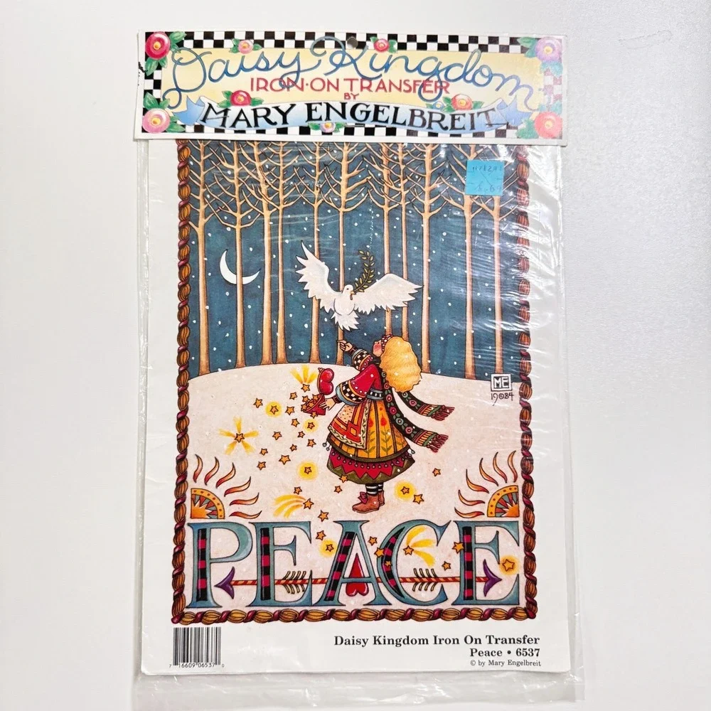 Vintage 1990 MARY ENGELBREIT Daisy Kingdom Iron-On Transfer Winter PEACE 6537